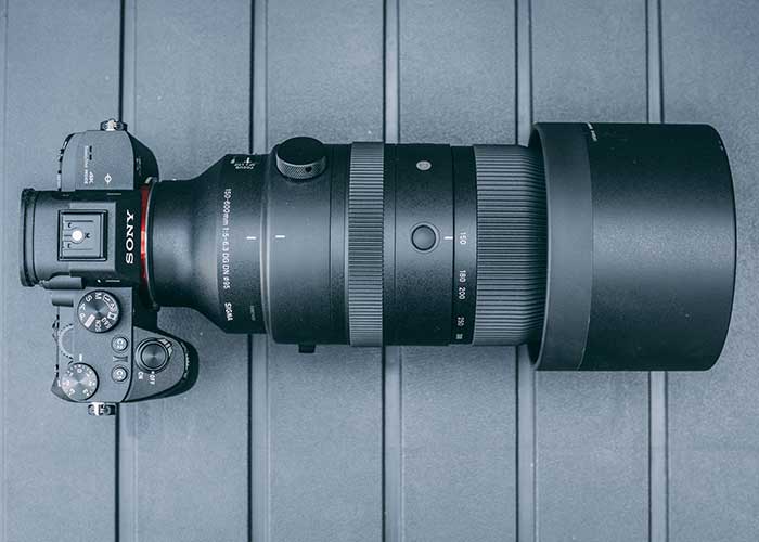 Aerial view of Sigma 150-600mm lens mounted to Sony a7 III