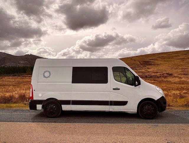 white campervan side on view