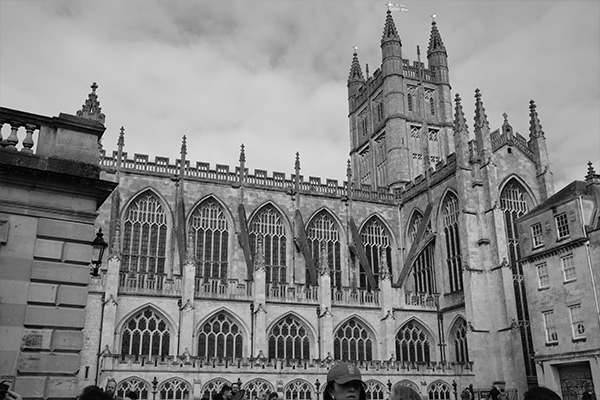 Black and white photo of church