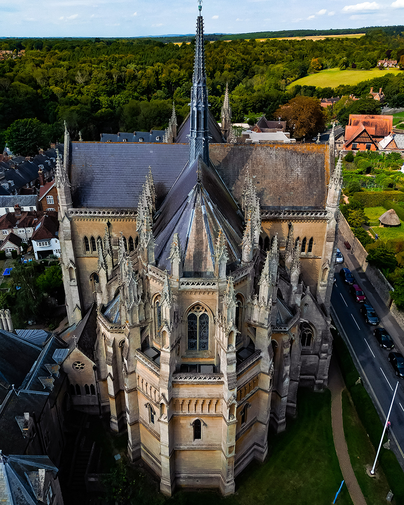 Arial shot of Arundel Roman Catholic Cathedral taken on DJI Mini 3 Pro