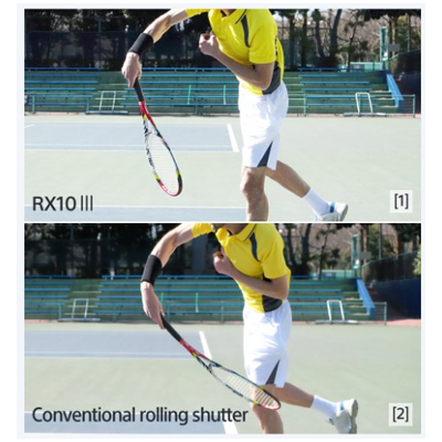 Less distortion, even with 1/32000 sec. shutter speed Rolling shutter phenomenon is suppressed at up to 1/32000 sec. shutter speed, so you can capture sharp, undistorted images of fast sports. (Photo 1: Anti-Distortion shutter, Photo 2: rolling shutter phenomenon with conventional rolling shutter.)