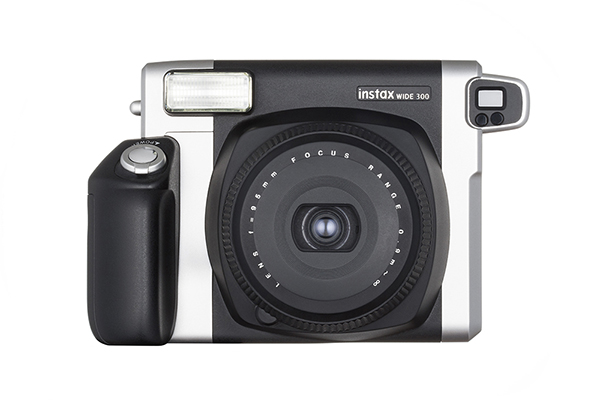 a wider, larger, black instant print Fuji camera with a good grip and silver detail