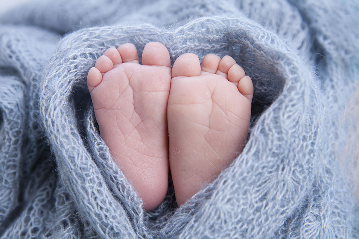 New born babies feet wrapped in a fluffy grey blanket