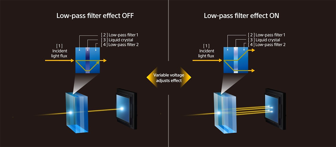 Double-duty LPF control for added effect How does the RX1R II provide double duty that would otherwise require more than one conventional camera? Splitting of incident light flux [1] is controlled by varying voltage to the liquid crystal [3] between low-pass filter 1 [2] and low-pass filter 2 [4] in order to activate, deactivate and modify low-pass filter effect. LPF bracketing simplifies comparison of LPF effects.