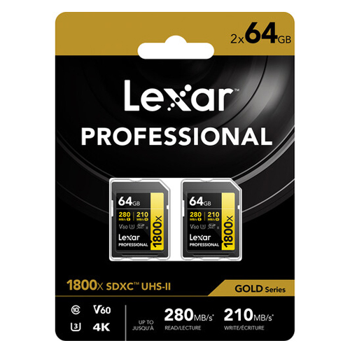 Lexar SD Pro Gold Series UHS-II 1800x 64GB V60 - TWIN PACK