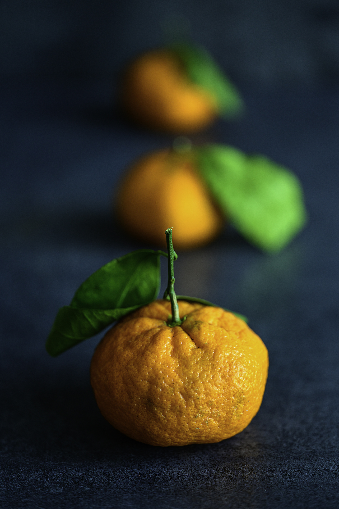 Three oranges in a row taken on a NIKKOR Z MC 105mm f2.8 VR S Lens