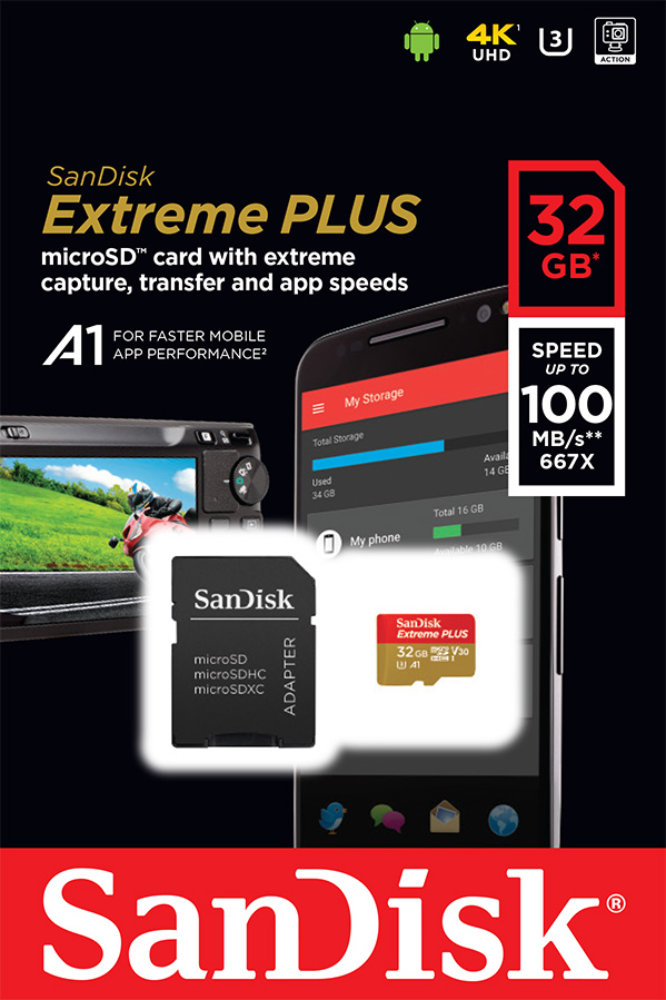 SanDisk 32GB Extreme PLUS microSDHC UHS-I Card with Adapter