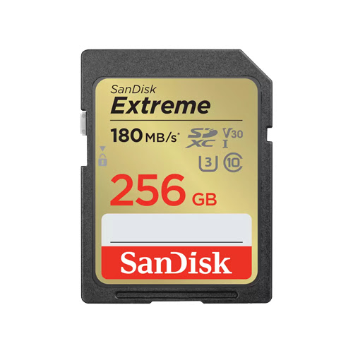 SanDisk Extreme SDXC Memory Card 256GB 180MB/s UHS-I Class 10 U3 V30 With 1 year RescuePRO Deluxe