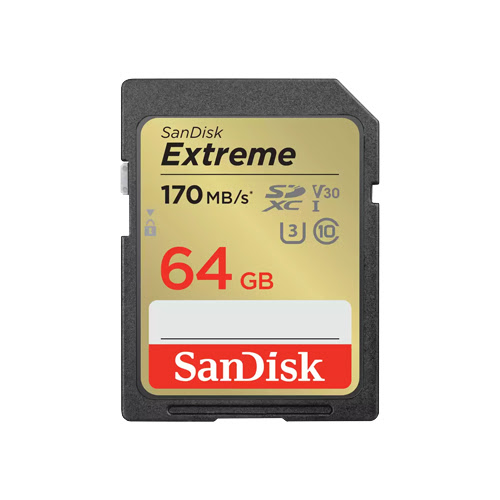SanDisk Extreme SDXC Memory Card 64GB 170MB/s UHS-I Class 10 U3 V30 With 1 year RescuePRO Deluxe